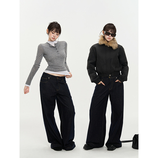 型超好 百搭宽松显瘦阔腿裤 水洗复古深蓝牛仔裤 新款 女秋季 PEMPL版