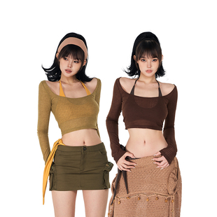 PEMPL·热辣小猎手 微透圆领短款针织上衣春季修身显瘦长袖T恤女