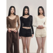 PEMPL 毛衣打底上衣 女纯色修身 辣妹性感镂空短款 肌理感V领针织衫