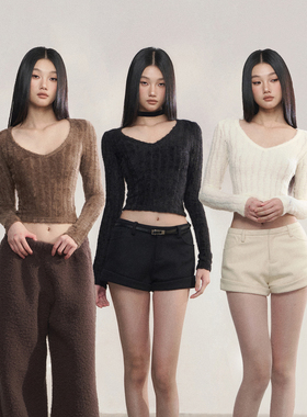 PEMPL 辣妹性感镂空短款肌理感V领针织衫女纯色修身毛衣打底上衣