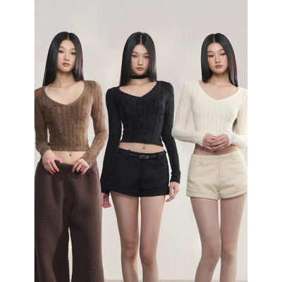 PEMPL 辣妹性感镂空短款肌理感V领针织衫女纯色修身毛衣打底上衣