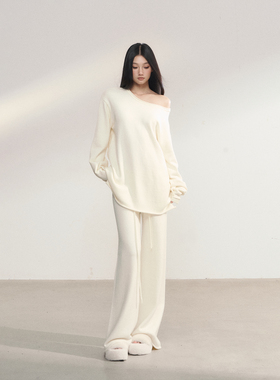 PEMPL·慵懒风休闲宽松斜肩圆领两穿针织罩衫女低腰直筒长裤套装
