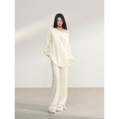 PEMPL·慵懒风休闲宽松斜肩圆领两穿针织罩衫女低腰直筒长裤套装
