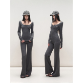 PEMPL 瑜伽运动套装 亲肤修身 弹力U领羊毛T恤上衣女低腰针织长裤