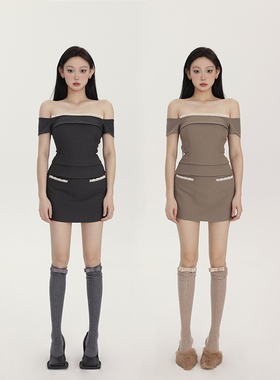 PEMPL 时尚套装女春夏新款一字肩芭蕾风蕾丝上衣甜美短裙子两件套