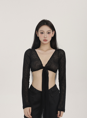 PEMPL黑色半透针织绑带开衫春季V领薄款针织衫修身显瘦短款上衣潮