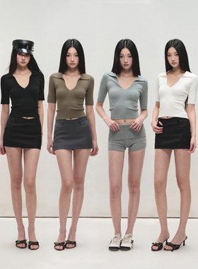 PEMPL 柔软亲肤polo小翻领羊毛上衣女中袖修身弹力薄款针织打底衫