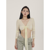 显瘦短款 PEMPL黄色半透针织绑带开衫 上衣潮 针织衫 修身 春季 V领薄款