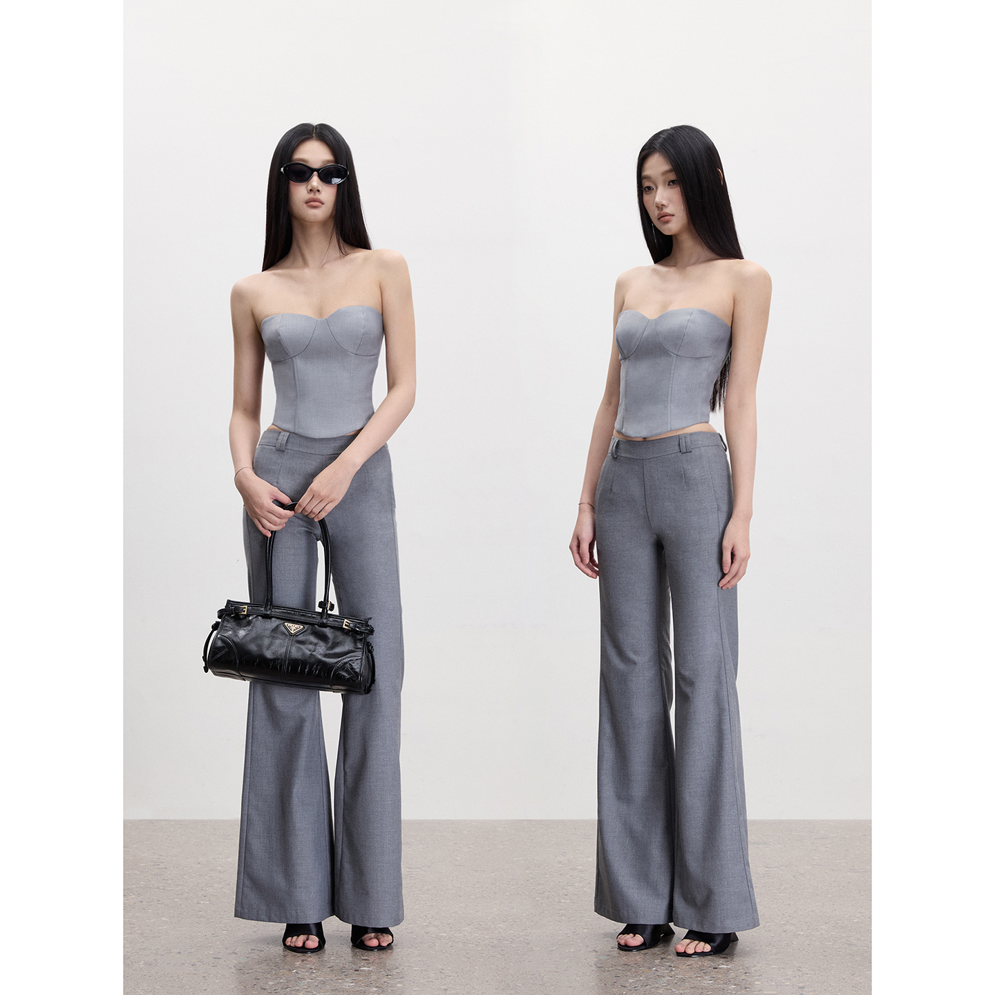 PEMPL·收腰显瘦灰色西装抹胸上衣套装休闲修身西裤中低腰微喇裤