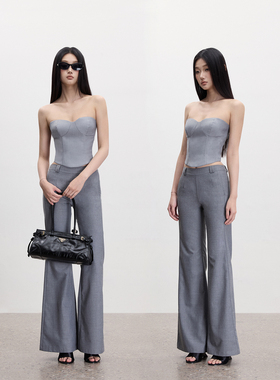 PEMPL·收腰显瘦灰色西装抹胸上衣套装休闲修身西裤中低腰微喇裤