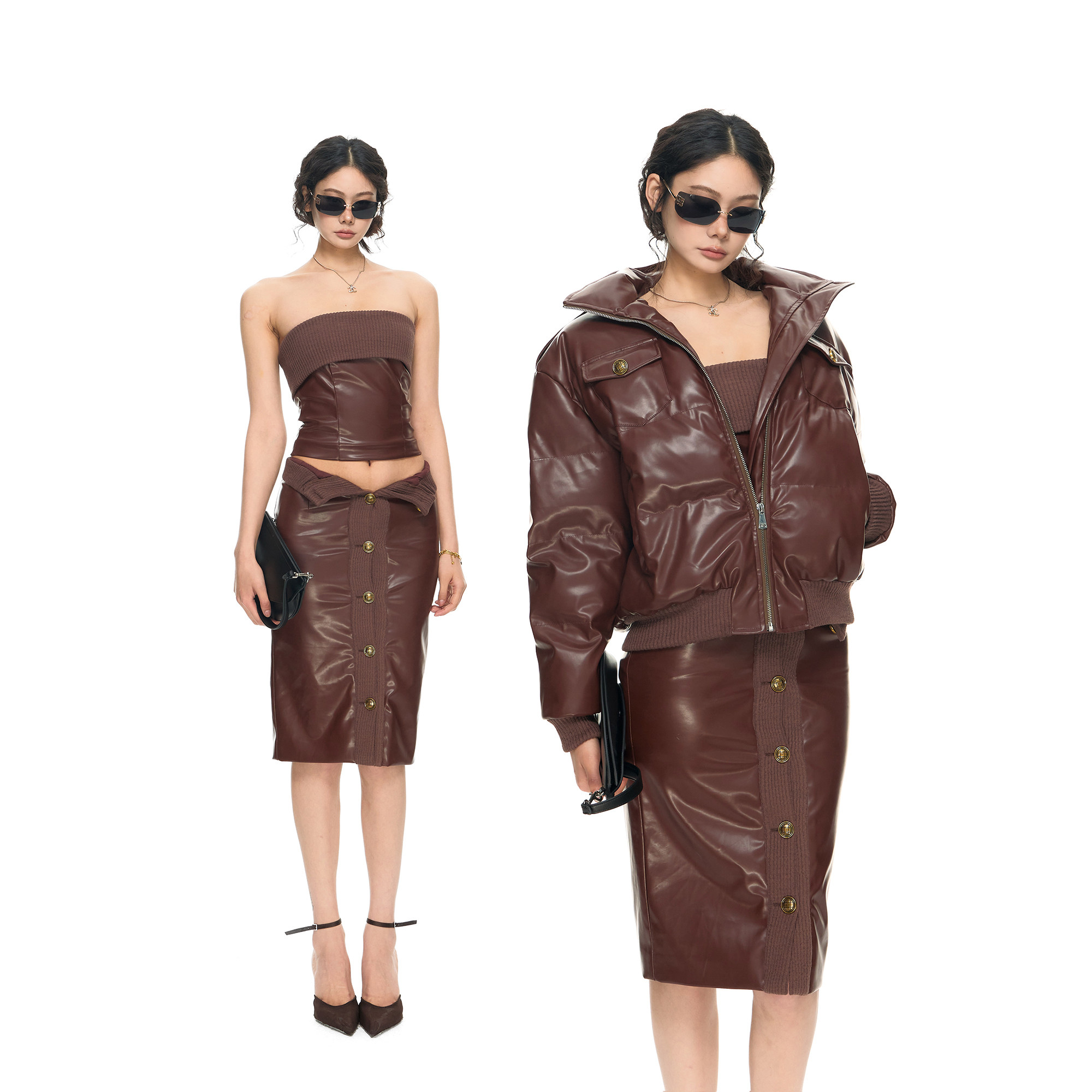 PEMPL 复古立领宽松PU皮衣棉服外套女螺纹翻边抹胸包臀半身裙套装