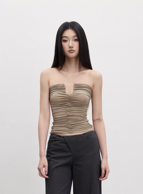 PEMPL·辣妹短款修身收腰抹胸背心女外穿无袖褶皱露肩绝美小上衣