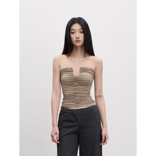 PEMPL·辣妹短款修身收腰抹胸背心女外穿无袖褶皱露肩绝美小上衣