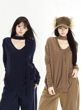 PEMPL不费力穿搭美式慵懒正反两穿飘带T恤女秋季宽松休闲长袖上衣