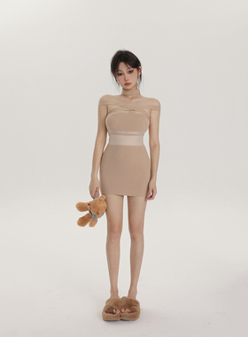 PEMPL 挂脖一字肩缠绕绑带羊毛针织连衣裙女纯欲紧身打底包臀短裙