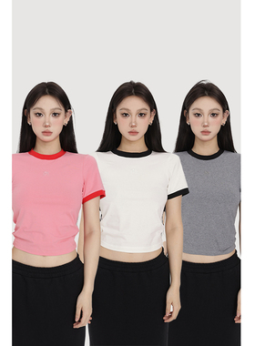 PEMPL拼色宽松短袖t恤女夏季新款高腰紧身短款圆领上衣百搭体恤潮