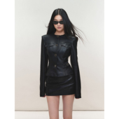 PEMPL 圆领收腰垫肩PU皮衣小香风外套女低腰包臀皮裙微弹半裙套装