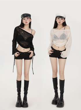 PEMPL 长袖针织衫女春夏新款轻亚超透空调轻薄罩衫一字肩抽皱调节