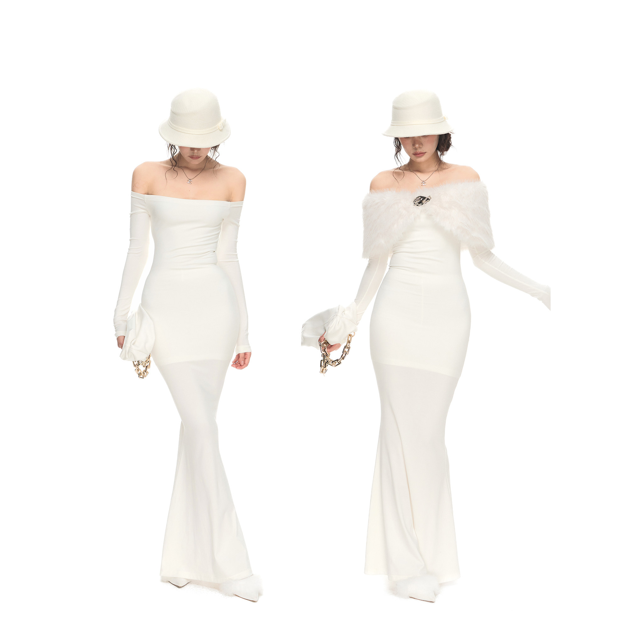 PEMPL&middot;白色一字肩弹力修身长款鱼尾连衣裙&环保毛毛披肩
