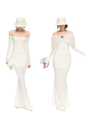 PEMPL·白色一字肩弹力修身长款鱼尾连衣裙&环保毛毛披肩