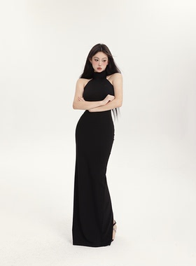 PEMPL 挂脖连衣裙女春夏新款后开叉高腰长裙无袖高领修身打底裙子