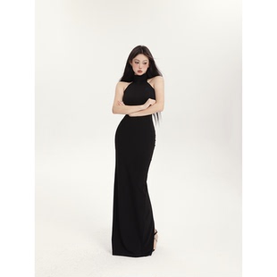 高领修身 后开叉高腰长裙无袖 打底裙子 挂脖连衣裙女春夏新款 PEMPL