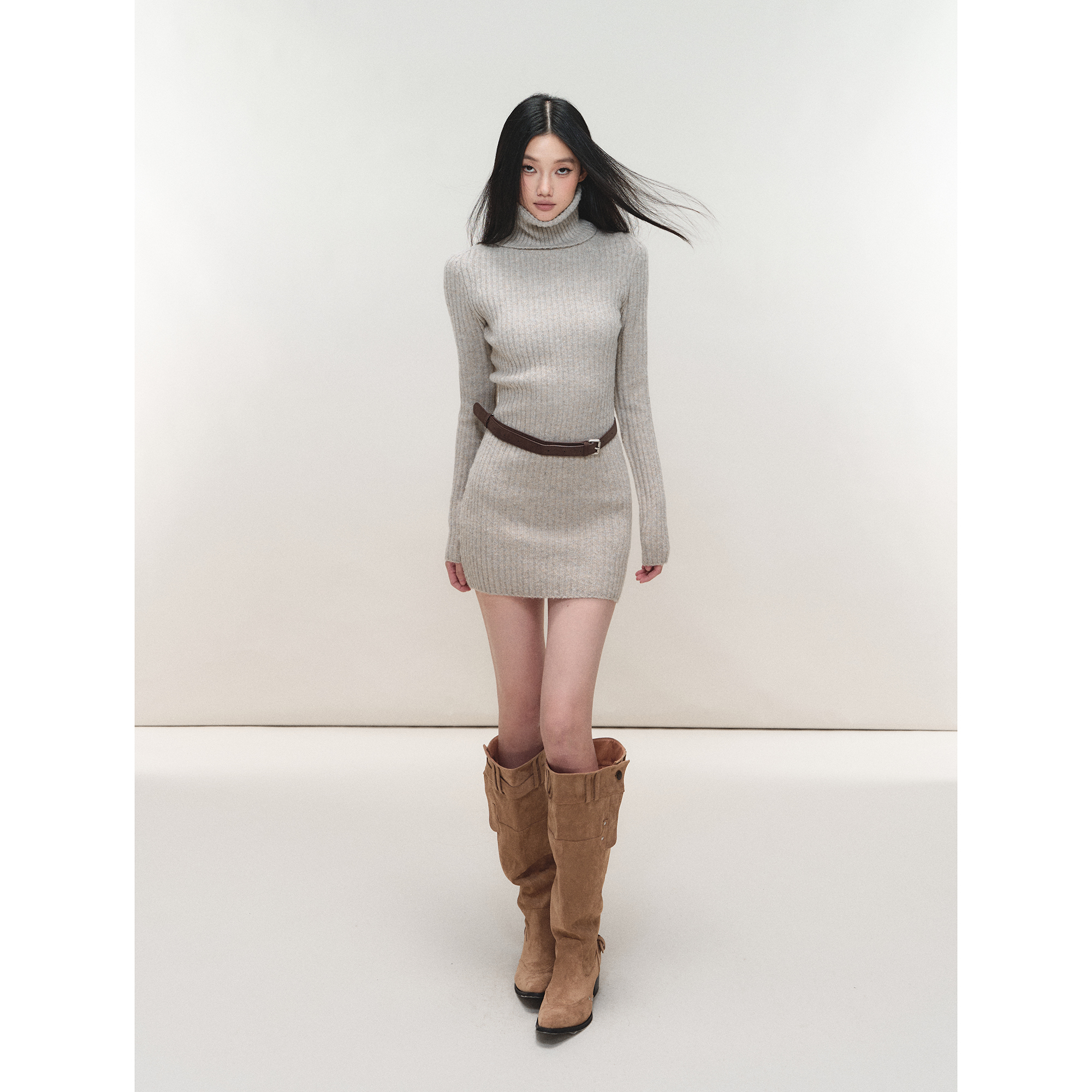 PEMPL·纯色收腰高领长袖包臀连衣裙坑条毛针织保暖修身弹力毛衣