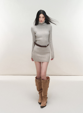 PEMPL·纯色收腰高领长袖包臀连衣裙坑条毛针织保暖修身弹力毛衣