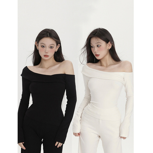 牛奶质感亲肤一字肩打底衫 新款 纯色露肩上衣潮 t恤女春季 PEMPL长袖