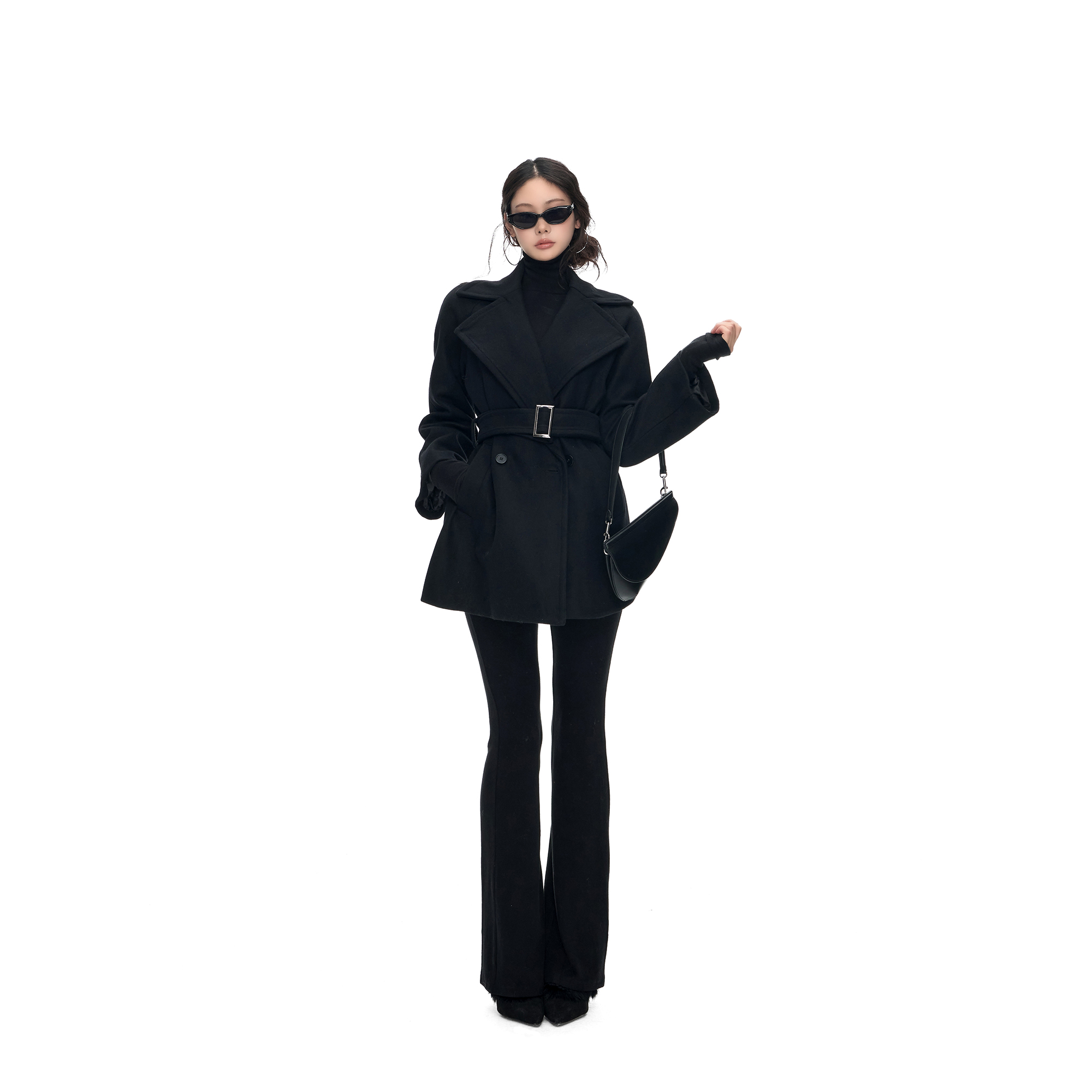 PEMPL 黑色中长款翻领斗篷羊毛呢子大衣女系带收腰宽松毛呢外套