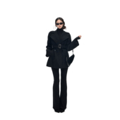 PEMPL 黑色中长款 翻领斗篷羊毛呢子大衣女系带收腰宽松毛呢外套