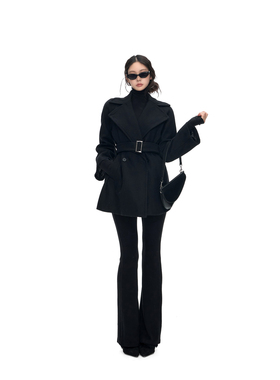 PEMPL 黑色中长款翻领斗篷羊毛呢子大衣女系带收腰宽松毛呢外套