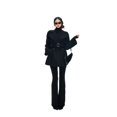 PEMPL 黑色中长款翻领斗篷羊毛呢子大衣女系带收腰宽松毛呢外套