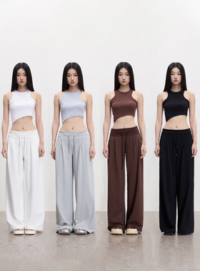 PEMPL·螺纹不规则针织弹力露脐背心 宽腰头抽绳捏褶阔腿休闲长裤