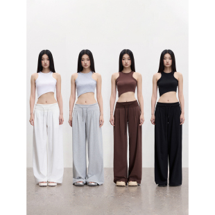 PEMPL·螺纹不规则针织弹力露脐背心 宽腰头抽绳捏褶阔腿休闲长裤