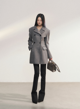 PEMPL·灰色收腰双排扣西装领毛呢外套女中长款垫肩加厚羊毛上衣