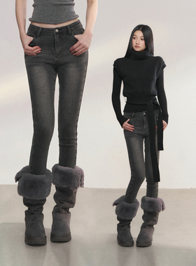 PEMPL 复古水洗做旧低腰修身弹力牛仔裤女秋冬加绒加厚显瘦小脚裤