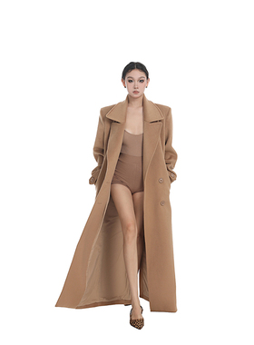 PEMPL 毛呢外套女秋冬新款棕色修身显瘦中长款双排扣呢大衣气质潮