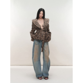 PEMPL可系带收腰大翻领豹纹时尚 短外套宽松无弹短款 圈圈呢子上衣