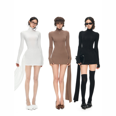 PEMPL 辣妹性感飘带设计感高领修身包臀短裙女弹力针织收腰连衣裙