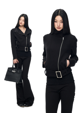 PEMPL 斜拉链修身显瘦设计感翻领飘带外套女黑色不规则卫衣夹克