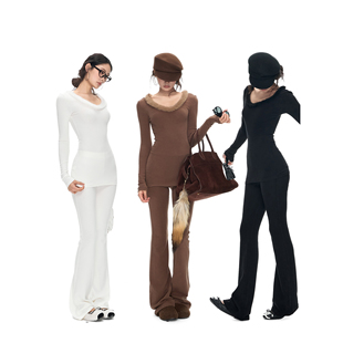 PEMPL 毛毛拼接V领上衣修身纯色针织打底衫女弹力休闲微喇裤套装