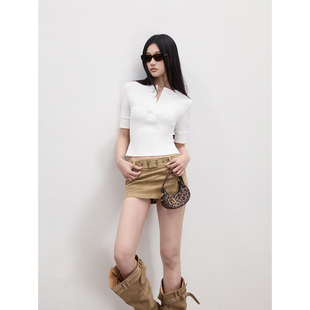 PEMPL·短款卡其色麂皮系带半身裙女夏季微弹修身显瘦包臀短裙
