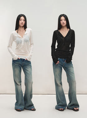 PEMPL柔软亲肤微透针织罩衫女修身薄款长袖T恤透气竹节麻打底上衣