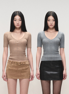 PEMPL·柔软亲肤透气坑条毛衣女修身弹力V领短袖羊毛上衣针织衫