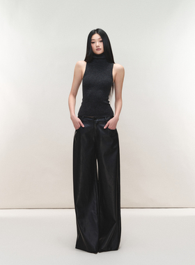 PEMPL PU皮直筒宽松拖地裤低腰弹力皮裤女高领无袖针织全羊毛背心