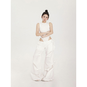 休闲裤 裤 女夏季 PEMPL 新款 纸片感阔腿工装 薄白色宽松直筒显瘦长裤