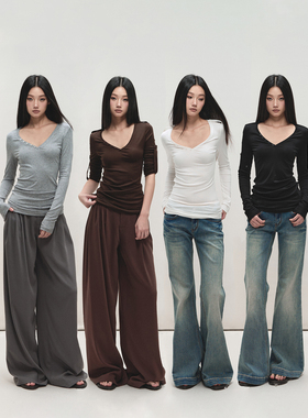 PEMPL 柔软亲肤弹力长袖针织T恤女V领修身内搭打底衫薄款天丝上衣