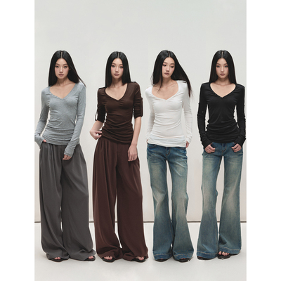 修身薄款长袖针织T恤V领天丝上衣