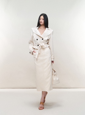 PEMPL白色麂皮无弹宽松系带收腰翻领宽松外套修身包臀半身裙套装